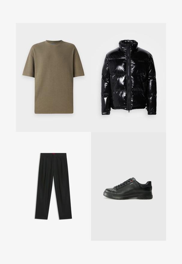 Giubbotto imbottito nero con finitura lucida, colletto alto, cerniera frontale e due tasche laterali con zip. Include pannelli cuciti e un logo.; T-shirt a manica corta color khaki a coste, con colletto a girocollo, caratterizzato da una vestibilità comoda e una texture morbida, adatto per un look casual.; Pantaloni neri con un design plissè, forma a gamba larga e texture liscia. Presentano un'etichetta rossa in vita.; Sneaker nera in pelle con superficie testurizzata, collo imbottito e dettaglio logo rosso. Presenta una suola in gomma spessa con un motivo di battistrada distintivo.