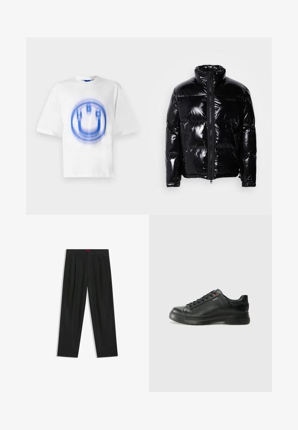 Black puffer jacket with a glossy finish, high collar, front zipper, and two side zippered pockets. Features stitched panels and a logo.; White cotton t-shirt featuring a blue graphic design of the letters "HUGO" and a circular shape, with a slightly blurred effect.; Black trousers with a pleated design, wide leg shape, and a smooth texture. Features a red waistband tag.; Black leather sneaker with textured upper, padded collar, and red logo detail. Features a thick rubber sole with distinct tread pattern.