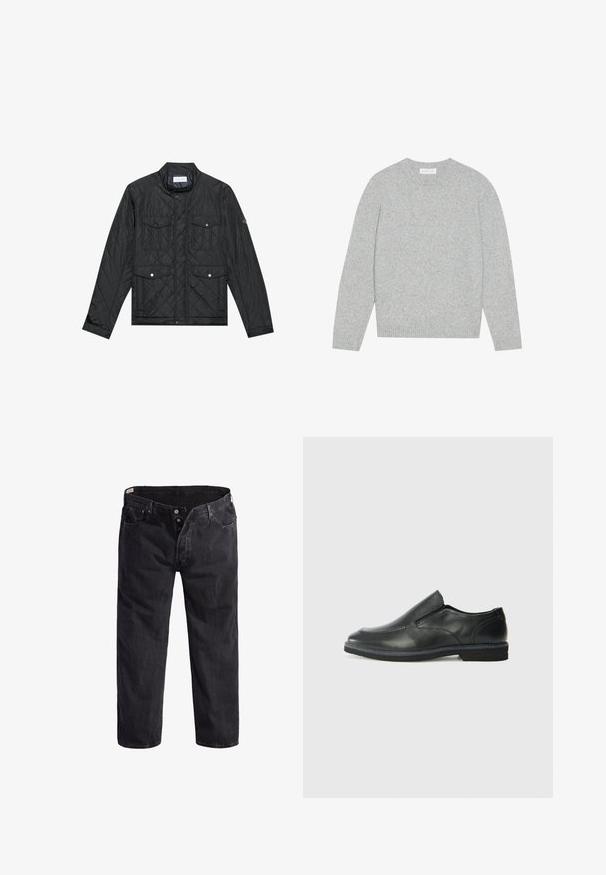 Juodas siuvinėtas džemperis su stovinčia apykakle, dviem priekinėm kišenėm su spaudėmis ir siuvinėtu paviršiumi, pagamintas iš lengvo audinio.; Šviesiai pilkas vilnonių megztinis su apvaliu iškirpimu, ilgomis rankovėmis, ir raštuotais rankogaliais bei apačia. Minkšta tekstūra su solidžiu, minimalistiniu dizainu.; Juodos džinsinės kelnės su tiesiomis kojomis, penkiomis kišenėmis, mygtukų užsegimu ir oranžiniais siūlės akcentais. Šiek tiek išblukęs raštas visame paviršiuje.; Juodai odiniai įtvirtinimo batai su lygiu paviršiumi, siuvinėjimo akcentais, apvalia nosimi ir žemu guminiu kulnu. Pado raštas minimalus.