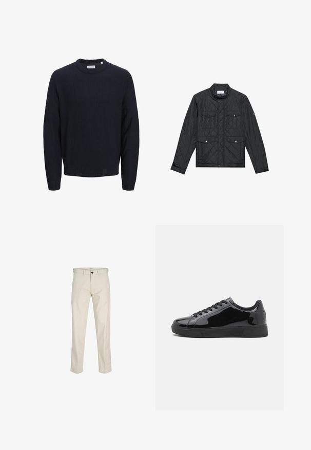 Mustmust riieumikate, millel on seisva kraega, kaks esipocketit nupuvajutustega ja tikitud tekstuur, valmistatud kergetest materjalidest.; Tumedat sinise värvi kudumipäevik, millel on soonikkoeline tekstuur, ümar kaelus ja pikad varrukad. Kaeluses on kudumise brändimärk.; Beeži puuvillased püksid sirge lõikega, nööpidega lukuga, ees taskud ja õmmeldud õmblused. Sile tekstuur, minimaalne disain ja ilma mustriteta.; Mustad musta ähkme nahast tossud ümmarguse varvastega, lame kummist tallaga ja mustade paeltega. Ülemise pinna sile ja läikiv tekstuur.