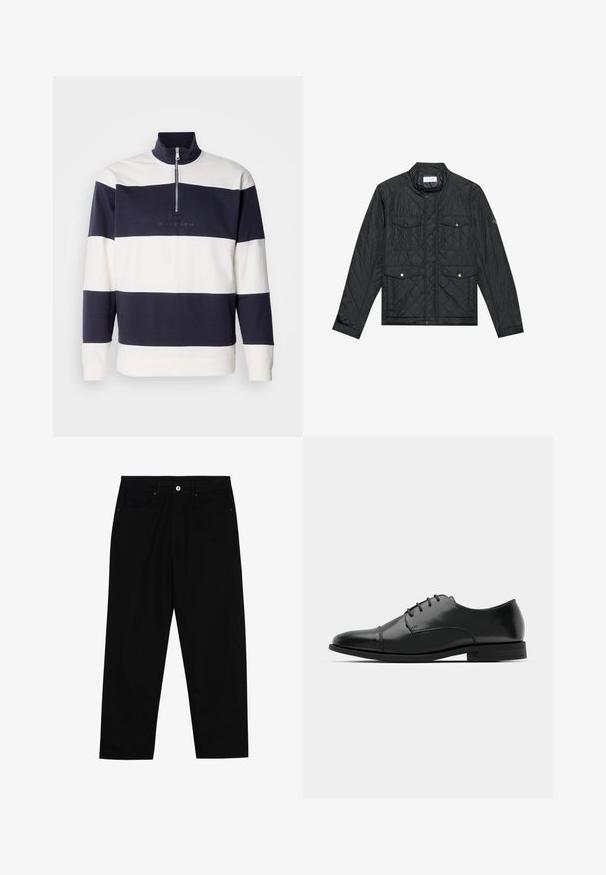 Black quilted jacket featuring a stand collar, two front pockets with snap buttons, and quilted texture, made from lightweight fabric.; Navy and white striped pullover with a high collar and quarter zip. Soft cotton material, features embroidered logo on the front.; Black denim pants featuring a straight-leg cut, five-pocket design, and a front button closure. Smooth texture with minimal stitching details.; Black leather dress shoe with a rounded toe, lace-up design, subtle stitching details, and a low heel. Smooth texture with polished finish.