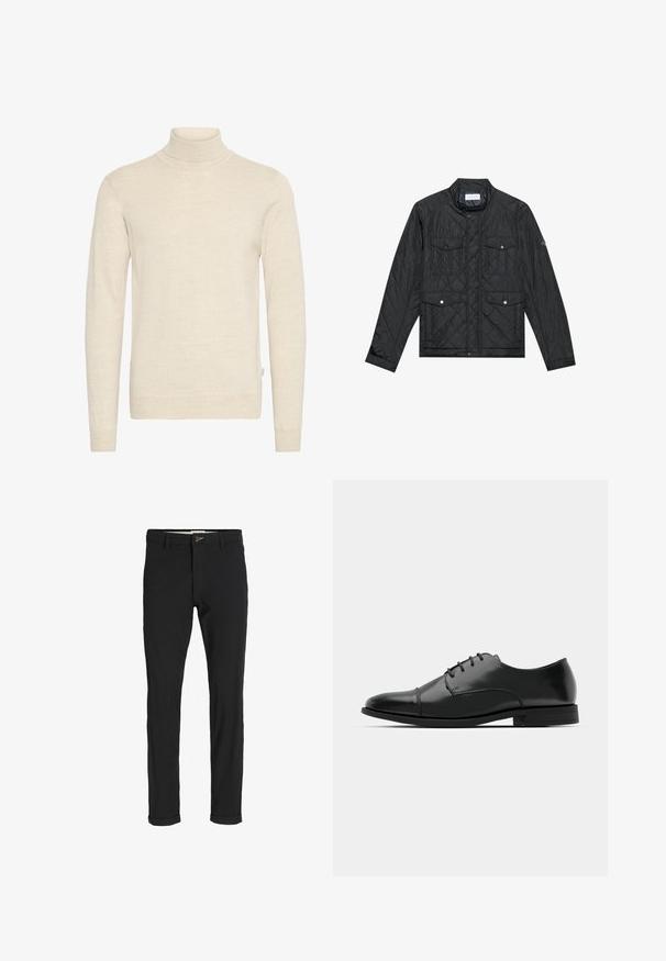 Juodas siuvinėtas džemperis su stovinčia apykakle, dviem priekinėm kišenėm su spaudėmis ir siuvinėtu paviršiumi, pagamintas iš lengvo audinio.; Smėlinis golfo tipo megztinis, pagamintas iš minkštos trikotažo medžiagos. Turi ilgomis rankovėmis ir prigludusį siluetą, su raukiniais apykaklėje ir rankogaliuose.; Juodi medvilnės mišiniai kelnės su siauru siluetu, su mygtuko uždarymu, kišenėmis ir sukamučiais galais, suteikiančiais laisvalaikio stilių.; Juodas odinis džinsinis batų modelis su apvaliu galiuku, raišteliu ir subtiliomis siūlėmis, taip pat žemu kulnu. Lygus pavirčius su blizgiu apdaila.