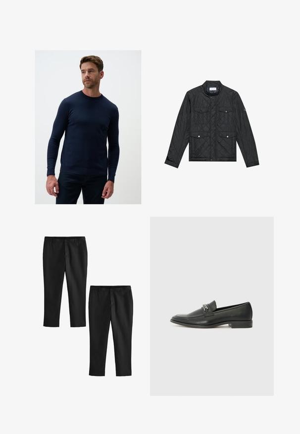 Zwarte gewatteerde jas met een staande kraag, twee voorzakken met drukknoopsluitingen en gewatteerde textuur, gemaakt van lichte stof.; Marineblauwe, lange mouw crewneck trui gemaakt van een zachte breimateriaal. Heeft ribgebreide manchetten en zoom voor een comfortabele pasvorm.; Zwarte, op maat gemaakte broeken met een soepele textuur, voorzien van een recht gesneden pijp en een middelhoog taille. Twee paar getoond, waarvan één cropped.; Zwarte leren instapper met een gladde afwerking, voorzien van een gestikt ontwerp en een decoratieve metalen kettingaccent over de wreef. Platte hak.