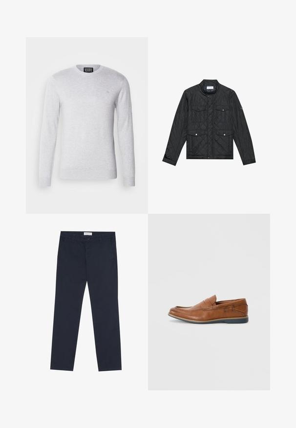 Casaco acolchoado preto com colarinho alto, dois bolsos frontais com botões de pressão e textura acolchoada, feito de um tecido leve.; Suéter de malha cinza claro com mangas longas, decote redondo e um pequeno logótipo bordado no peito. Textura suave, design casual.; Chinos azul-marinho feitos de algodão com uma textura suave, apresentando um fecho de correr, passantes para cinto e bolsos laterais para funcionalidade.; Mocassins de couro castanho com bico arredondado, detalhes em costura e sola baixa em borracha. O design apresenta uma faixa na parte superior.