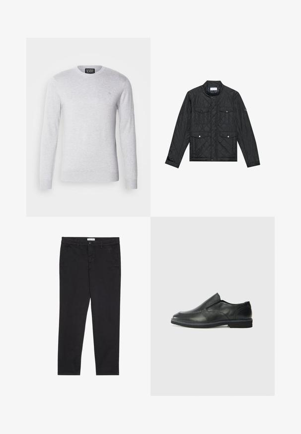 Zwarte gewatteerde jas met een staande kraag, twee voorzakken met drukknoopsluitingen en gewatteerde textuur, gemaakt van lichte stof.;  Lichtgrijze gebreide trui met lange mouwen, ronde halslijn en een klein logo geborduurd op de borst. Zachte textuur, casual ontwerp.; Zwarte katoenen broeken met een slim fit, voorzien van twee zijzakken en een sluiting met een voorknop. Geweven stof met subtiele.details.; Zwarte leren instapper met een soepele bovenkant, gestikte accenten, ronde neus en een lage rubberen hak. De zool heeft minimale profiel.