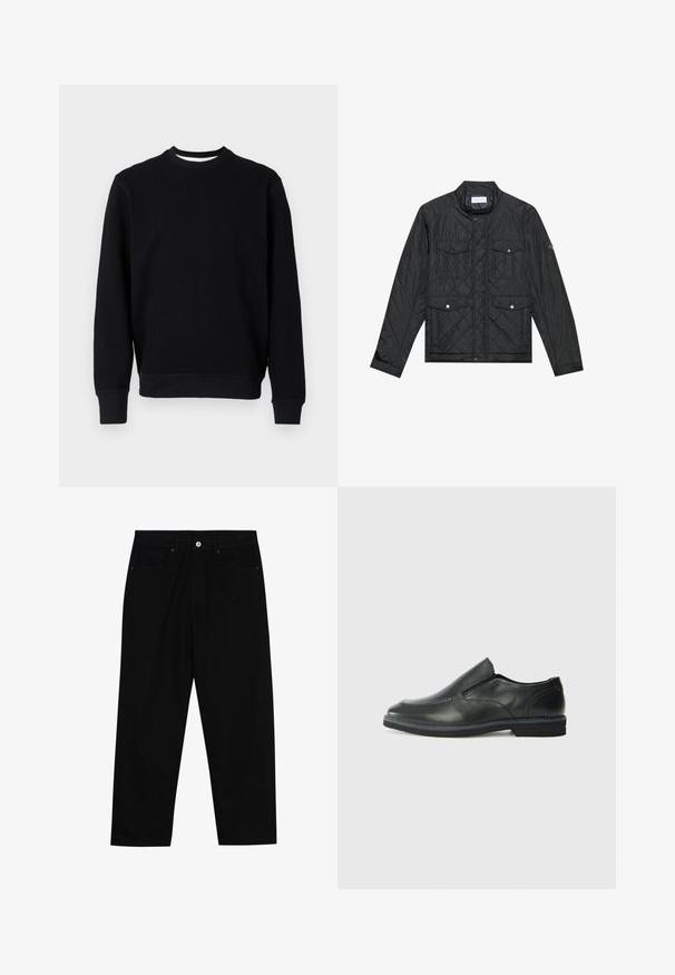 Čierna prešívaná bunda s vystuženým golierom, dvoma prednými vreckami so cvokmi a prešívanou textúrou, vyrobená z ľahkého materiálu.; Čierna mikina s rebrovaným okrúhlym výstrihom, dlhými rukávmi a textúrovanou tkaninou. Má rovnomernú farbu bez viditeľných vzorov alebo akcentov.; Čierne denimmové nohavice s rovný strihom, dizajnom s piatimi vreckami a upínaním na prednej strane. Hladká textúra s minimálnymi detailmi šitia.; Čierny kožený nazúvací topánka s hladkým zvrškom, prešitými akcentmi, zaoblenou špičkou a nízkym gumovým podpätkom. Podošva má minimálny dezén.