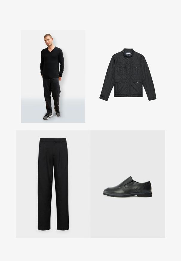 Veste matelassée noire avec col montant, deux poches avant avec boutons-pression et texture matelassée, fabriquée en tissu léger.; Pull noir à col en V fabriqué en matériau doux, associé à un pantalon noir large et des baskets noires sportives. Design simple et épuré avec des poignets côtelés.; Pantalons noirs en tissu lisse, avec une coupe droite, deux plis avant et une taille standard avec passants de ceinture.; Chaussure slip-on en cuir noir avec une tige lisse, des accents cousus, un bout arrondi et un petit talon en caoutchouc. La semelle présente un profil de traction minimal.