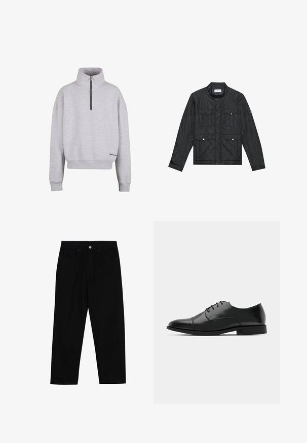 Černá prošívaná bunda s límcem, dvěma předními kapsami se zacvakávacími knoflíky a prošívanou strukturou, vyrobená z lehkého materiálu.; Světle šedá mikina s vysokým límcem, čtvrtinovým zipem a vroubkovanými manžetami. Na spodním lemu se nachází malý černý vyšitý akcent.; Černé džíny s rovně střiženými nohavicemi, designem pěti kapes a předním zapínáním na knoflík. Hladký povrch s minimem švových detailů.; Černé kožené společenské boty s kulatou špičkou, šněrováním, jemnými švy a nízkým podpatkem. Hladký povrch s lesklým finišem.
