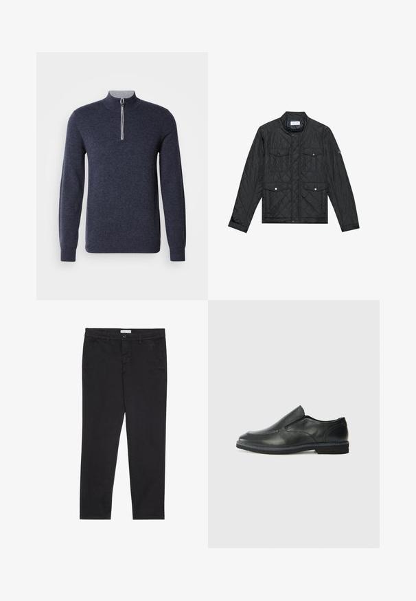 Schwarz gesteppte Jacke mit Stehkragen, zwei aufgesetzten Taschen mit Druckknöpfen und gestepptem Muster, aus leichtem Material gefertigt.; Marineblaues Halbreißverschluss-Sweatshirt mit grauem Kragen. Hergestellt aus einem strukturierten Stoff, verfügt es über lange Ärmel und ein figurnahes Design.; Schwarze Baumwollhose im Slim-Fit-Stil mit zwei seitlichen Taschen und einem vorderen Knopfverschluss. Strukturierter Stoff mit subtilen Details.; Schwarze Leder-Slipper mit glattem Obermaterial, gesteppten Akzenten, runder Zehenpartie und niedrigem Gummiabsatz. Die Sohle hat ein minimales Profil.