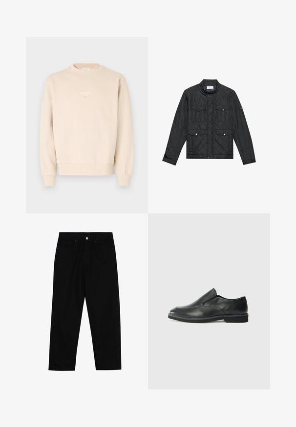 Sort quiltet jakke med en stående krave, to forlommer med trykknapper og quiltet struktur, lavet af letvægtsstof.; Beige sweatshirt lavet af blødt stof, med en rund hals, ribbede manchetter og et lille hvidt logo på brystet.; Sorte denimbukser med lige ben, fem lomme-design og knaplukning foran. Glat tekstur med minimale syninger.; Sorte læder slip-on sko med en glat overdel, syede detaljer, rund tå og en lav gummihæl. Sålen har minimal profil.