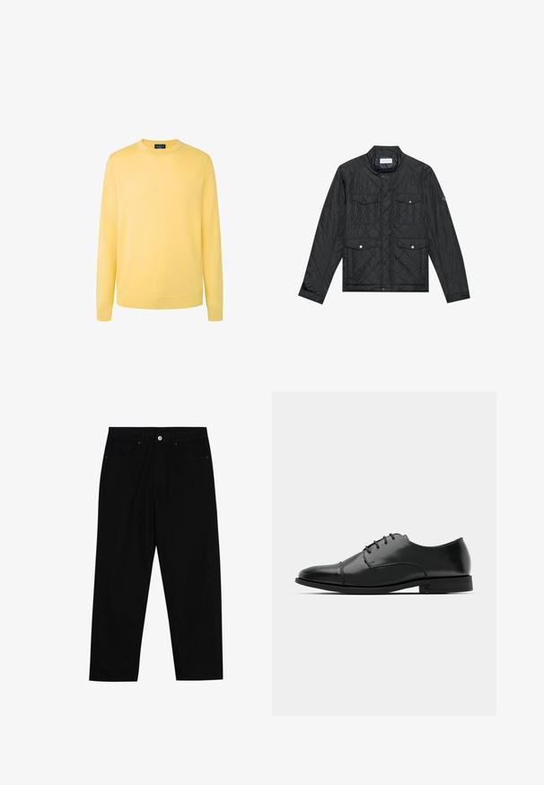 Chaqueta negra acolchada con cuello alzado, dos bolsillos frontales con botones a presión y textura acolchada, fabricada en un tejido ligero.; Suéter amarillo de cuello redondo, hecho de un suave material de punto, con mangas largas y un ajuste relajado; sin patrones ni herrajes visibles.; Pantalones de mezclilla negra con corte recto, diseño de cinco bolsillos y cierre frontal con botón. Textura suave con detalles de costura mínimos.; Zapato de vestir de cuero negro con punta redondeada, diseño con cordones, detalles de costura sutiles y un tacón bajo. Textura suave con acabado pulido.