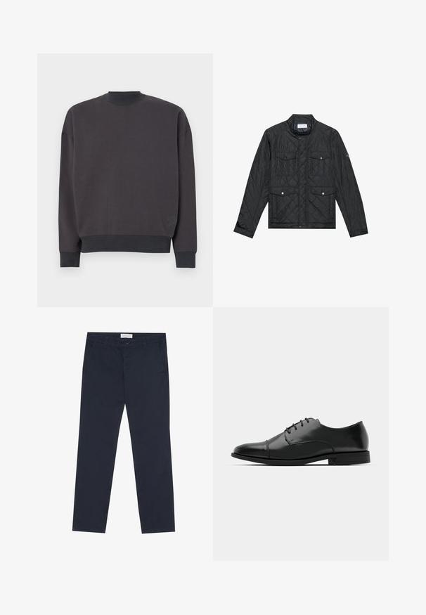 Μαύρο γούνινο μπουφάν με ψηλό γιακά, δύο μπροστινές τσέπες με κουμπιά κλειδώματος και γούνινη υφή, κατασκευασμένο από ελαφρύ ύφασμα.; Σκούρο γκρι φούτερ με ψηλό κολάρο, πτώσεις στους ώμους και ριμπ μανσέτες. Διαθέτει μια μικρή κεντημένη σχεδίαση στην κάτω αριστερή πλευρά.; Ναυτικό μπλε chinos φτιαγμένα από βαμβάκι με λεία υφή, διαθέτοντας φερμουάρ, θηλιές ζώνης και πλάγιες τσέπες για λειτουργικότητα.; Μαύρο δερμάτινο παπούτσι με στρογγυλή μύτη, σχέδιο με κορδόνια, διακριτές ραφές και χαμηλό τακούνι. Λείο υφή με γυαλιστερή φινίρισμα.