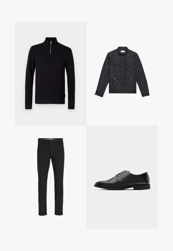 Svart quiltad jacka med ståkrage, två framfickor med tryckknappar och quiltad textur, tillverkad av lättviktigt material.; Svart långärmad tröja med hög krage och en kort silvrig dragkedja framför i mitten.; Svarta bomullsblandade byxor med en smal passform, med knappstängning, fickor och uppvikta fållar för en avslappnad stil.; Svart läderdressko med rund tå, snörningsdesign, subtila sömnadsdetaljer och låg klack. Slät yta med polerad finish.