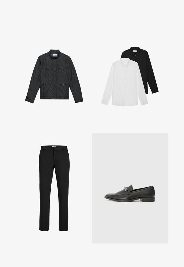 Black quilted jacket featuring a stand collar, two front pockets with snap buttons, and quilted texture, made from lightweight fabric.; White and black long-sleeve shirts with pointed collars, front buttons, and a smooth fabric texture. Labels visible on the inside neck.; Black trousers made of smooth fabric, featuring a straight cut, side pockets, belt loops, and a clean hem. No visible patterns or accents.; Black leather loafer with a smooth finish, featuring a stitched design and a decorative metal chain accent across the vamp. Flat heel.