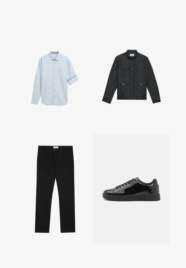 Schwarz gesteppte Jacke mit Stehkragen, zwei aufgesetzten Taschen mit Druckknöpfen und gestepptem Muster, aus leichtem Material gefertigt.; Hellblaues Hemd mit langen Ärmeln, aufgerollten Manschetten, einer einzelnen Brusttasche und braunen Knöpfen zum Schließen. Weicher Stoff.; Schwarze gerade Jeans mit Fünf-Taschen-Design, Knopf- und Reißverschluss, und einem Pier One-Label am Bund.; Schwarze Lackledersneaker mit runder Spitze, flacher Gummisohle und schwarzen Schnürsenkeln. Glatte, glänzende Textur auf der Oberfläche.