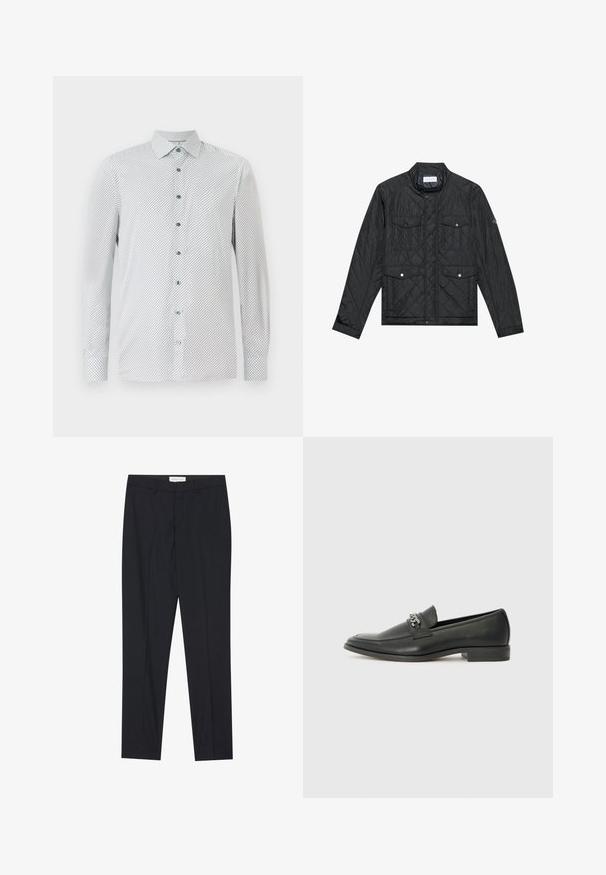 Zwarte gewatteerde jas met een staande kraag, twee voorzakken met drukknoopsluitingen en gewatteerde textuur, gemaakt van lichte stof.; Witte langek mouwen shirt met een klein zwart geometrisch patroon, groene knopen en een puntige kraag. Regular fit met gebuttonde manchetten.; Zwarte op maat gemaakte broeken met een vlakke voorkant, reguliere pasvorm, gemaakt van een gladde stof, met persplooien en zijzakken.; Zwarte leren instapper met een gladde afwerking, voorzien van een gestikt ontwerp en een decoratieve metalen kettingaccent over de wreef. Platte hak.