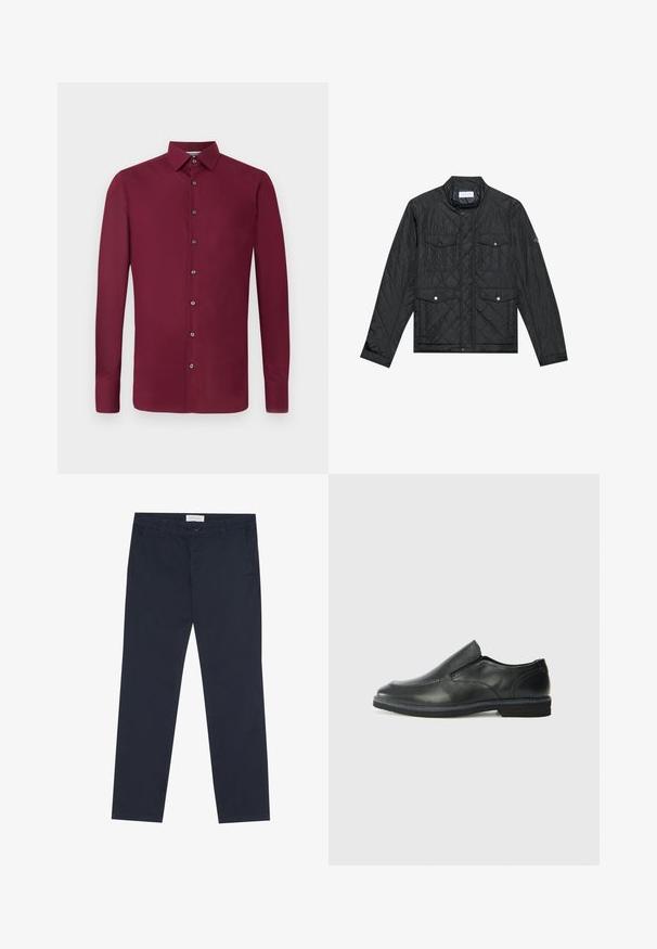 Veste matelassée noire avec col montant, deux poches avant avec boutons-pression et texture matelassée, fabriquée en tissu léger.; Chemise bordeaux à manches longues avec un devant à boutons, col et poignets à boutons. Tissu lisse de couleur unie sans motifs.; Chinos bleu marine en coton, à la texture douce, avec une fermeture éclair, des passants de ceinture et des poches latérales pour plus de fonctionnalité.; Chaussure slip-on en cuir noir avec une tige lisse, des accents cousus, un bout arrondi et un petit talon en caoutchouc. La semelle présente un profil de traction minimal.