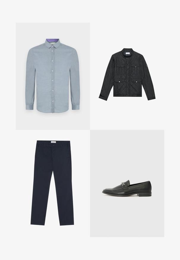 Crna jakna s kvadratnim šavovima, koja ima uspravni ovratnik, dva prednja džepa sa dugmadima na pritiskanje i teksturu s kvadratnim šavovima, izrađena od laganog materijala.; Svijetloplava dugosleeve majica s kragnom na dugme, prednjim gumbima i glatkom teksturom. Unutarnja kragna ima kontrastni ljubičasti detalj.; Tamno plave chino hlače od pamuka s glatkom teksturom, s patentnim zatvaračem, petljama za pojas i bočnim džepovima za praktičnost.; Crna kožna loafer cipela s glatkom finišem, s ušivenim uzorkom i dekorativnim metalnim lancem preko prednjeg dijela. Ravni potplat.