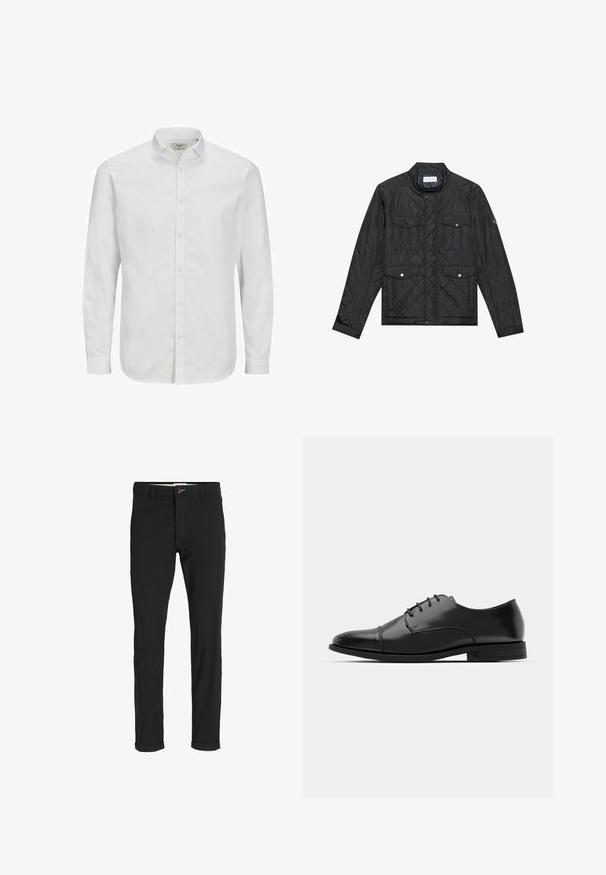 Zwarte gewatteerde jas met een staande kraag, twee voorzakken met drukknoopsluitingen en gewatteerde textuur, gemaakt van lichte stof.; Witte, lange mouw, knoopsluitende shirt van katoen, met een klassieke kraag, rechte snit en subtiele textuur. Standaard knoopsluiting.; Zwarte katoenen broek van een katoenmix met een slim fit, voorzien van een knoopsluiting, zakken en opgerolde mouwen voor een casual afwerking.; Zwarte leren dresschoenen met een ronde neus, vetersluiting, subtiele stiksels en een lage hak. Glad oppervlak met gepolijste afwerking.