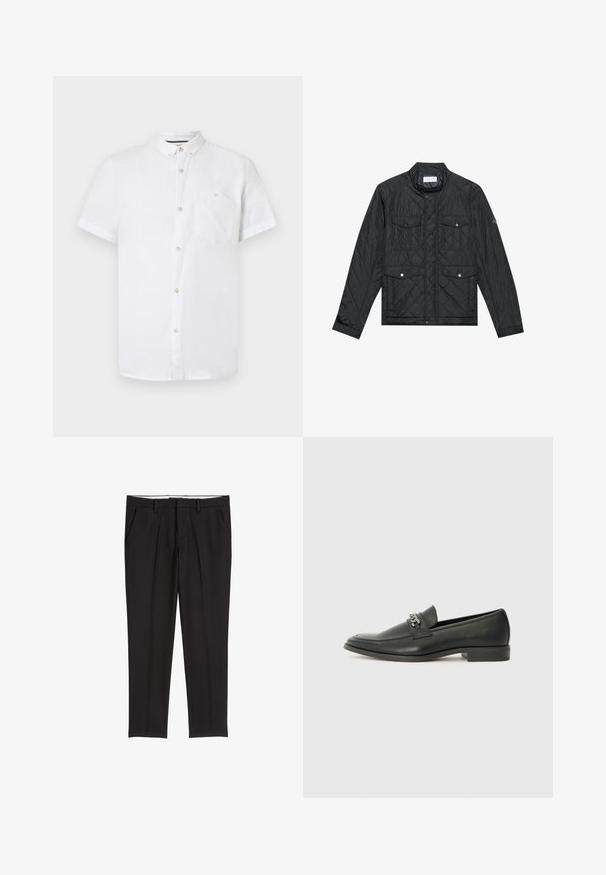 Zwarte gewatteerde jas met een staande kraag, twee voorzakken met drukknoopsluitingen en gewatteerde textuur, gemaakt van lichte stof.; Wit katoenen overhemd met korte mouwen, voorzien van een button-down kraag, een voorzak en houten knoopdetails. Soepele textuur.; Zwarte op maat gemaakte broek met een gladde textuur, voorzien van twee zijzakken, een platte voorkant en een klassieke tailleband.; Zwarte leren instapper met een gladde afwerking, voorzien van een gestikt ontwerp en een decoratieve metalen kettingaccent over de wreef. Platte hak.