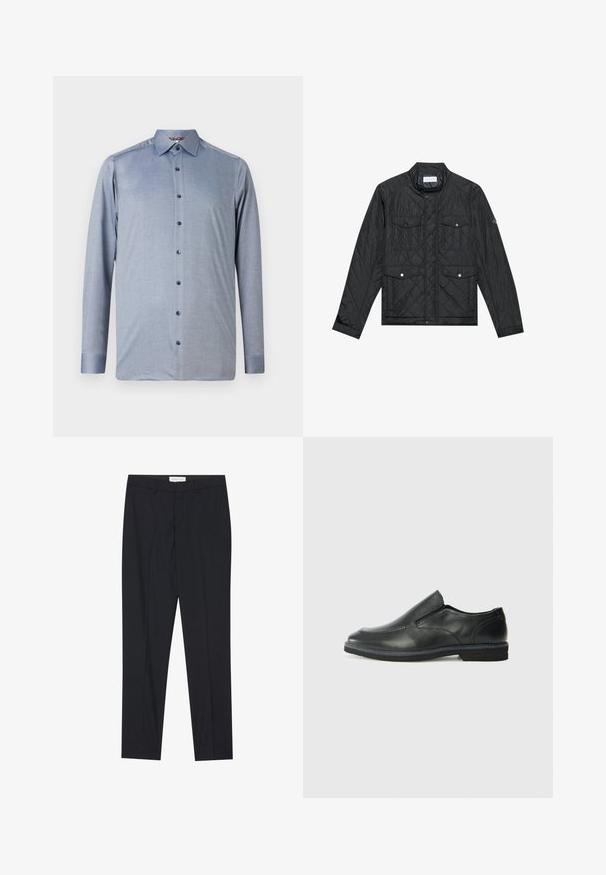 Giacca nera trapuntata con colletto rialzato, due tasche frontali con bottoni a pressione e texture trapuntata, realizzata in tessuto leggero.; Camicia a maniche lunghe con bottoni di colore azzurro chiaro, realizzata in un tessuto testurizzato. Presenta un colletto classico e bottoni blu scuro lungo la parte anteriore.; Pantaloni neri su misura con frontale piatto, vestibilità regolare, realizzati in tessuto morbido, con pieghe stirate e tasche laterali.; Scarpa nera in pelle con inserto scivolare, superiore liscio, dettagli cuciti, punta arrotondata e tacco in gomma basso. La suola presenta un battistrada minimale.