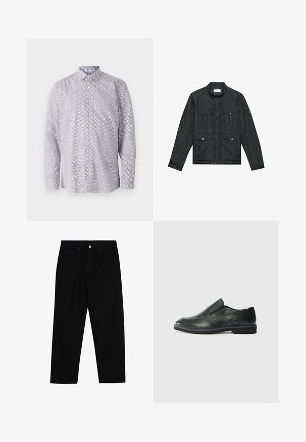 Čierna prešívaná bunda s vystuženým golierom, dvoma prednými vreckami so cvokmi a prešívanou textúrou, vyrobená z ľahkého materiálu.; Biele tričko s dlhým rukávom a čiernym geometrickým vzorom, so klasickým golierom, zapínaním na gombíky a mäkkou bavlnenou tkaninou.; Čierne denimmové nohavice s rovný strihom, dizajnom s piatimi vreckami a upínaním na prednej strane. Hladká textúra s minimálnymi detailmi šitia.; Čierny kožený nazúvací topánka s hladkým zvrškom, prešitými akcentmi, zaoblenou špičkou a nízkym gumovým podpätkom. Podošva má minimálny dezén.