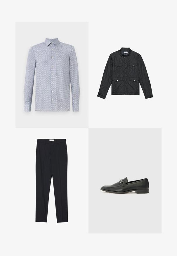 Veste matelassée noire avec col montant, deux poches avant avec boutons-pression et texture matelassée, fabriquée en tissu léger.; Chemise boutonnée bleu clair avec un motif géométrique rouge et marine. Dotée d'un col pointu et de manches longues. Fabriquée dans un tissu lisse.; Pantalons noirs ajustés avec un devant plat, coupe régulière, en tissu lisse, avec des plis pressés et des poches latérales.; Mocassin en cuir noir avec une finition lisse, présentant un design cousu et une accent décoratif en chaîne métallique sur le rand. Talon plat.