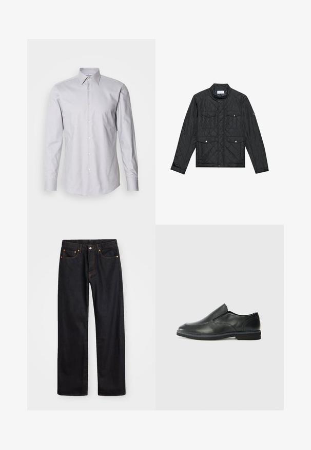 Fekete steppelt dzseki álló gallérral, két elülső zsebbel, patentgombokkal és steppelt textúrával, könnyű anyagból készült.; Világosszürke, hosszú ujjú ing, gombos gallérral, szövött anyagból készült, klasszikus szabású, fehér gombokkal az elején.; Férfi egyenes szabású fekete farmernadrág öt zsebbel és narancssárga varrással, gombos és cipzáros záródással elöl.; Fekete bőr, slip-on cipő sima felsőrésszel, varrott díszítéssel, lekerekített orral és alacsony gumitalppal. A talpa minimális bordázattal rendelkezik.