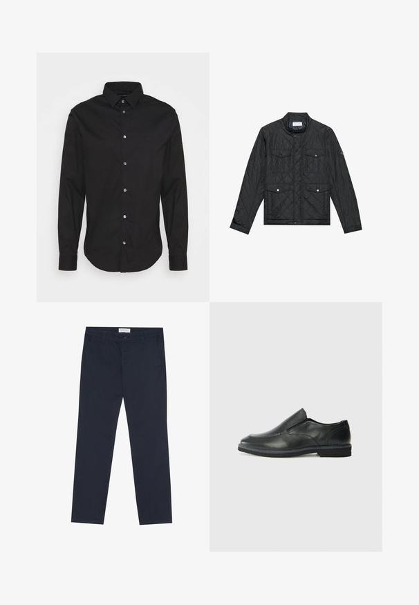 Črna prešita jakna z dvignjenim ovratnikom, dvema sprednjima žepoma s pritisnimi gumbi in prešito teksturo, izdelana iz lahkega materiala.; Črna srajca z gumbi, dolgimi rokavi, klasičnim ovratnikom in običajnim krojem. Ima diskreten logotip, gladko teksturo in kovinske gumbe.; Mornarsko modri chino hlače iz bombaža z gladko teksturo, z zadrgo, pasom za pas in stranskimi žepi za funkcionalnost.; Črne usnjene natikače z gladkim zgornjim delom, prišitimi detajli, zaobljenim nosom in nizkim gumijastim petkom. Podplat ima minimalen profil.
