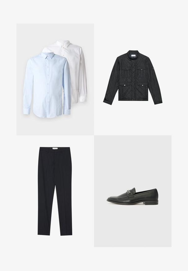 Jachetă neagră matlasată cu guler înălțat, două buzunare frontale cu nasturi și textură matlasată, realizată dintr-un material ușor.; Două cămăși cu mânecă lungă: una de culoare albastru deschis cu dungi verticale și una alba simplă. Ambele au front cu nasturi și detalii la guler.; Pantaloni negri, croiți pe măsură, cu față plată, cu o tăietură obișnuită, dintr-un material neted, având plii presate și buzunare laterale.; Pantofii negri din piele cu un finisaj neted, având un design cusut și un accent decorativ de lanț metalic peste partea de sus. Toc plat.