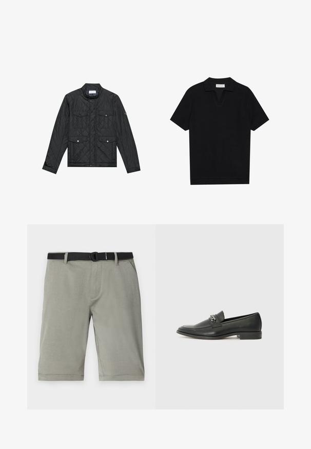 Black quilted jacket featuring a stand collar, two front pockets with snap buttons, and quilted texture, made from lightweight fabric.; Black short-sleeve polo shirt with a textured, ribbed fabric, featuring a v-neckline and a straight hem. No visible logos or patterns.; Gray shorts made of a textured fabric, featuring a black belt, standard pockets, and a hem finishing just above the knee.; Black leather loafer with a smooth finish, featuring a stitched design and a decorative metal chain accent across the vamp. Flat heel.