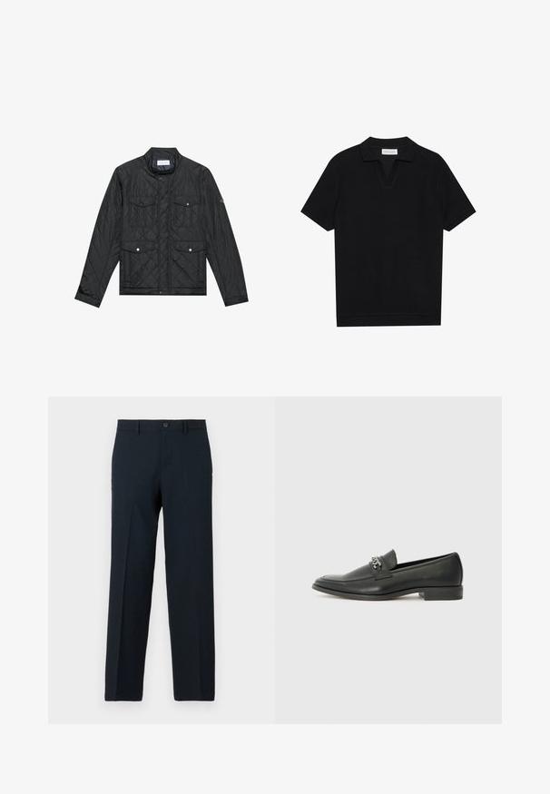 Svart, quiltet jakke med ståkrage, to frontlommer med trykknapper og quiltet tekstur, laget av lett materiale.; Svart kortermet polo skjorte med strukturert, ribbet stoff, med v-hals og rett nederkant. Ingen synlige logoer eller mønstre.; Mørk marineblå bukser laget av vevd stoff, med et rett ben-design, en enkelt knappelukking og detaljer med frontpreg.; Sorte skinnloafers med en glatt finish, og med en sydd design og en dekorativ metallkjedeakcent over foten. Flat hæl.