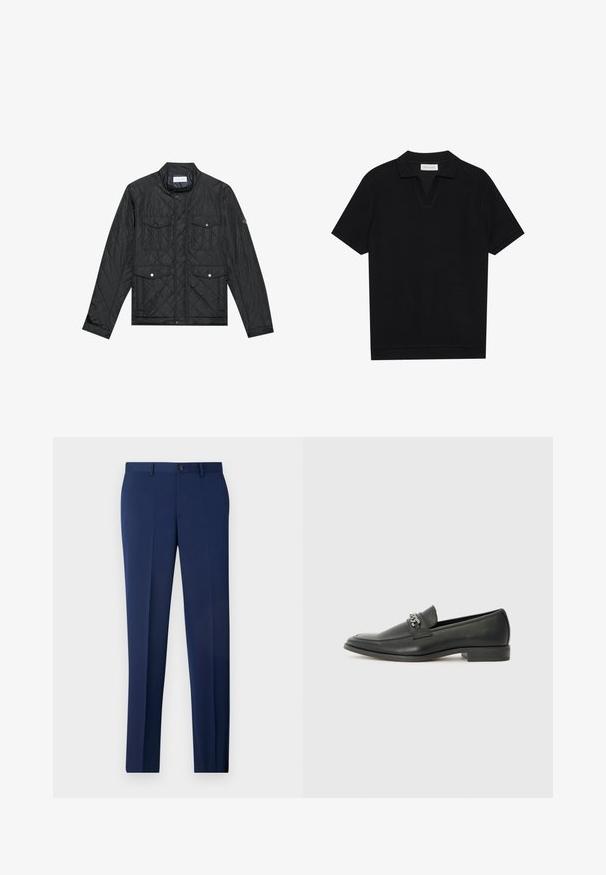 Černá prošívaná bunda s límcem, dvěma předními kapsami se zacvakávacími knoflíky a prošívanou strukturou, vyrobená z lehkého materiálu.; Černé polo tričko s krátkým rukávem vyrobené z texturované pleteniny, které má lodičkový výstřih a rovný lem. Žádné viditelné logo ani vzory.; Námořnické formální kalhoty s slim fit střihem, plochým předním dílem a hladkým povrchem. Mezi vlastnosti patří zapínání na jeden knoflík a poutka na opasek.; Černé kožené mokasíny s hladkým povrchem, s prošívaným designem a dekoračním kovovým řetízkem přes nárt. Plochý podpatek.