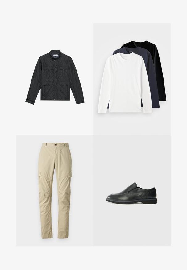 Sort quiltet jakke med en stående krave, to forlommer med trykknapper og quiltet struktur, lavet af letvægtsstof.; Tre langærmede T-shirts stablet: en hvid, en mørk marineblå og en sort. Lavet af glat bomuld med runde halsudskæringer og sideslids.; Beige cargo bukser lavet af letvægtsstof, med flere lommer, en knaplukning og et tapered ben design. Glat tekstur.; Sorte læder slip-on sko med en glat overdel, syede detaljer, rund tå og en lav gummihæl. Sålen har minimal profil.
