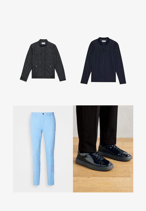 Svart, quiltet jakke med ståkrage, to frontlommer med trykknapper og quiltet tekstur, laget av lett materiale.; Marineblå langermet polo med krage, med tynne vertikale striper og knappelukking med tre knapper. Myk stofftekstur.; Lyseblå bomullsbukser med rett snitt, med lukking foran med knapp og sidelommer. Jevn tekstur og uten synlige mønstre.; Sorte patentlæder sneakers med en tekstureret gummisål, rund tå og matchende sorte snørebånd, parret med sorte bukser på et trægulv.