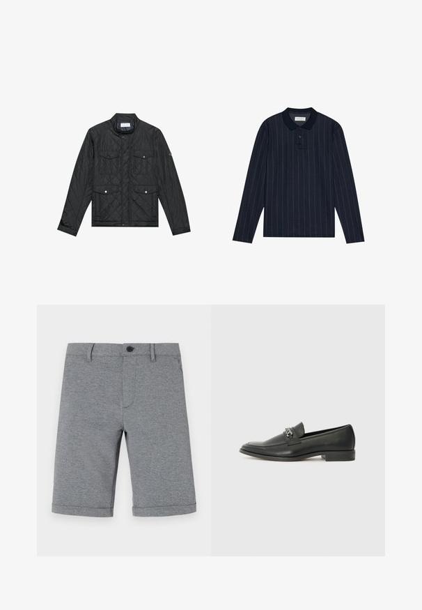 Svart, quiltet jakke med ståkrage, to frontlommer med trykknapper og quiltet tekstur, laget av lett materiale.; Marineblå langermet polo med krage, med tynne vertikale striper og knappelukking med tre knapper. Myk stofftekstur.; Grå, knelengde shorts laget av teksturert stoff med knappefeste, enkelt frontlomme, og pent rullet kant.; Sorte skinnloafers med en glatt finish, og med en sydd design og en dekorativ metallkjedeakcent over foten. Flat hæl.