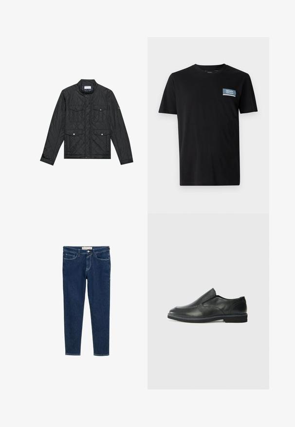 Melna quiltota jaka ar stāvo apkakli, divām priekšējām kabatām ar spiedpogu aizdari un quiltu tekstūru, izgatavota no viegla auduma.; Melna īsām piedurknēm t-kreklu, kas izgatavots no mīksta auduma, ar zilu taisnstūra plāksteri ar tekstu "DENIM TOM TAILOR" kreisajā krūtī.; Tumši zili džinsi ar šauru piegriezumu. Iespējami pieci kabatas, jostas cilpas un izturīga rāvējslēdzēja aizdare ar metāla pogu.; Melnas ādas slip-on kurpes ar gludu augšdaļu, izšūtām akcentiem, noapaļotu purngala daļu un zemu gumijas papēdi. Zole ar minimālu rakstu.