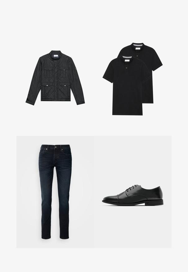 Melna quiltota jaka ar stāvo apkakli, divām priekšējām kabatām ar spiedpogu aizdari un quiltu tekstūru, izgatavota no viegla auduma.; Divas melnas polo krekli, īsām piedurknēm, no kokvilnas materiāla, ar klasisku apkakli, divu pogu aizdari un balti svītroti akcenti apkakles iekšpusē.; Tumši zilo džinsu bikses ar taisna kāju griezumu, piecu kabatu dizainu un redzamu dūrienu; satur rāvējslēdzēju un pogu aizdari.; Melnas ādas vadmalas kurpes ar noapaļotu purngalu, saistījuma dizains, smalkas izšuvumu detaļas un zema papēža. Gluda tekstūra ar spīdīgu apdari.