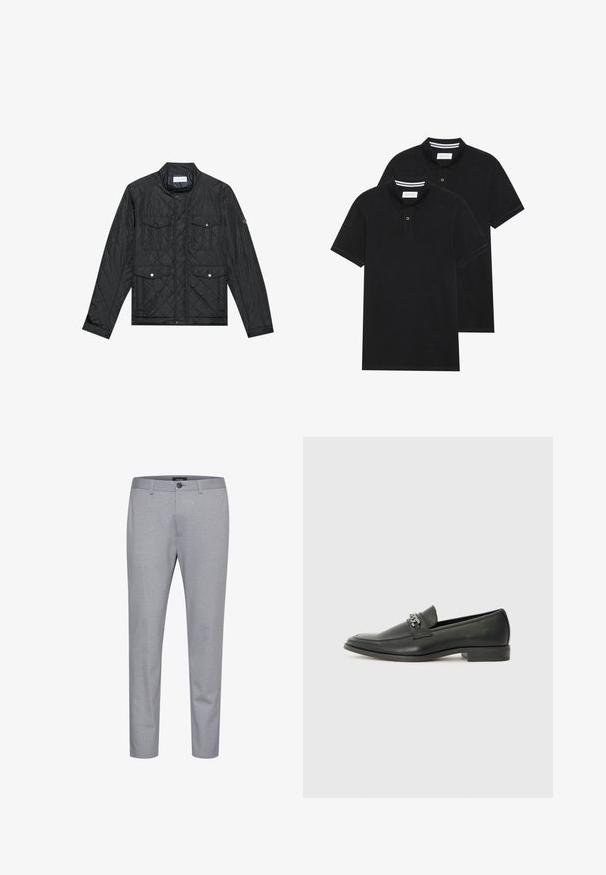 Fekete steppelt dzseki álló gallérral, két elülső zsebbel, patentgombokkal és steppelt textúrával, könnyű anyagból készült.; Két fekete pólóing, rövid ujjú, pamut anyagból készült, klasszikus gallérral, két gombos gombolással, és fehér csíkos díszítéssel a gallér belső részén.; Szürke mintás nadrág sima textúrájú anyagból. Gombos záródással és beszűkített lábszárral rendelkezik.; Fekete bőr loaferek sima felülettel, varrott mintával és díszítő fém lánccal a cipő elején. Lapos sarok.