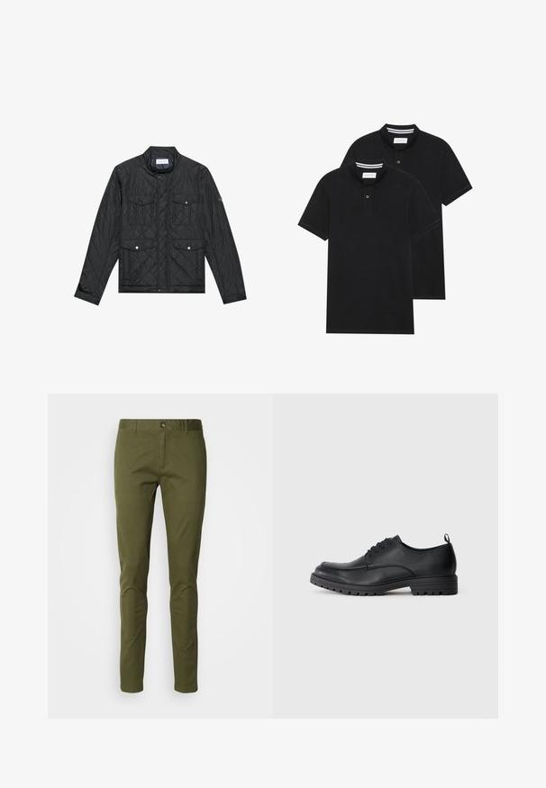 Black quilted jacket featuring a stand collar, two front pockets with snap buttons, and quilted texture, made from lightweight fabric.; Two black polo shirts, short-sleeved, cotton material, featuring a classic collar, two-button placket, and white striped accents inside the collar.; Olive green chinos made of cotton blend fabric, featuring a straight fit, zipper fly, and front pockets. Smooth texture with minimal detailing.; Black leather dress shoe with a smooth texture, rounded toe, lace-up front, and sturdy rubber sole featuring a treaded pattern.