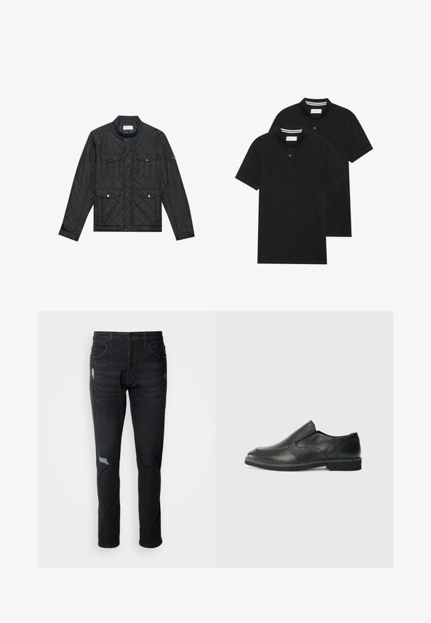 Crna jakna s kvadratnim šavovima, koja ima uspravni ovratnik, dva prednja džepa sa dugmadima na pritiskanje i teksturu s kvadratnim šavovima, izrađena od laganog materijala.; Dva crna polo majice, kratki rukavi, pamučni materijal, sa klasičnom ovratnikom, čepom sa dva gumba i bijelim prugastim detaljima unutar ovratnika.; Crne traperice uskog kroja s dva prednja džepa, jednim stražnjim džepom i izlizanim detaljima na koljenima.; Crne kožne cipele na sklapanje s glatkom gornjom površinom, prošivenim detaljima, zaobljenim vrhom i niskim gumene potplate. Potplat ima minimalne uzorke.
