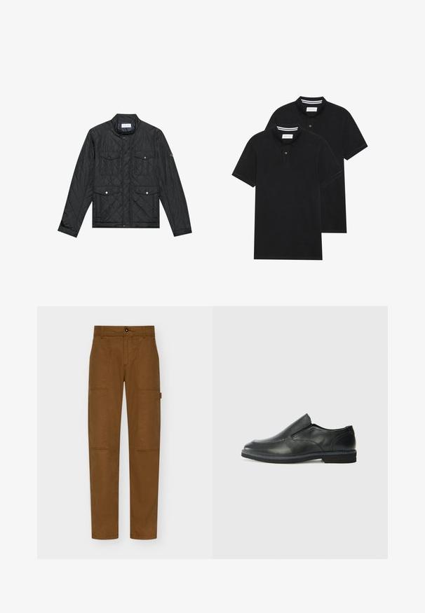 Čierna prešívaná bunda s vystuženým golierom, dvoma prednými vreckami so cvokmi a prešívanou textúrou, vyrobená z ľahkého materiálu.; Dvé čierne polo tričká, krátke rukávy, vyrobené z bavlny, s klasickým golierom, dvojitým gombíkom a bielymi pruhmi vo vnútri goliera.; Hnedé cargo nohavice vyrobené z odolného materiálu, s rovnými nohavicami, dvoma veľkými bočnými vreckami a gombíkovým zapínaním v páse.; Čierny kožený nazúvací topánka s hladkým zvrškom, prešitými akcentmi, zaoblenou špičkou a nízkym gumovým podpätkom. Podošva má minimálny dezén.