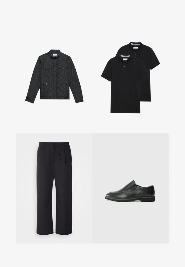 Fekete steppelt dzseki álló gallérral, két elülső zsebbel, patentgombokkal és steppelt textúrával, könnyű anyagból készült.; Két fekete pólóing, rövid ujjú, pamut anyagból készült, klasszikus gallérral, két gombos gombolással, és fehér csíkos díszítéssel a gallér belső részén.; Széles lábú nadrág, textúrált fekete anyagból, húzózsinórral ellátott derékkal, két elülső zsebbel és egyenes vonalú dizájnnal.; Fekete bőr, slip-on cipő sima felsőrésszel, varrott díszítéssel, lekerekített orral és alacsony gumitalppal. A talpa minimális bordázattal rendelkezik.