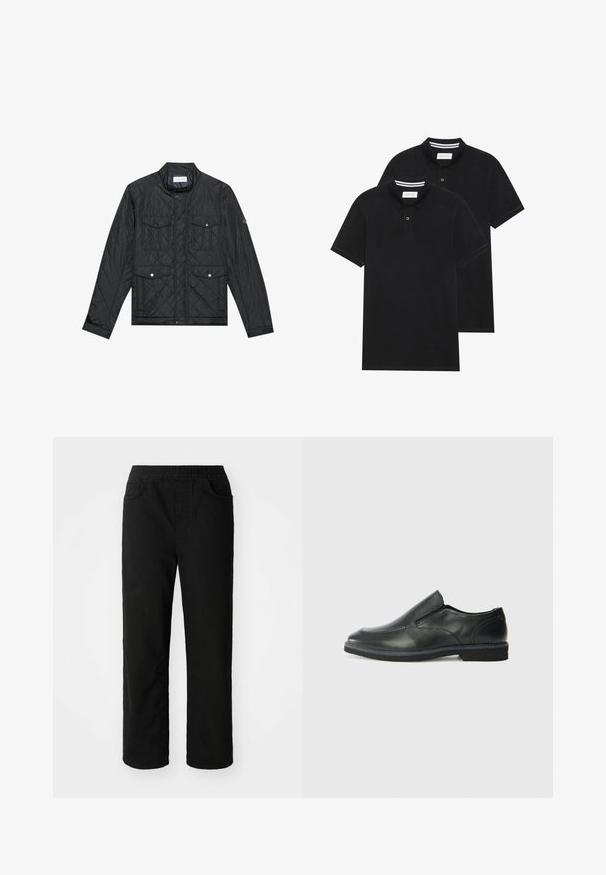 Chaqueta negra acolchada con cuello alzado, dos bolsillos frontales con botones a presión y textura acolchada, fabricada en un tejido ligero.; Dos camisetas polo negras, de manga corta, de material de algodón, que presentan un cuello clásico, una tapeta de dos botones y acentos de rayas blancas en el interior del cuello.; Pantalones de algodón negros con un ajuste relajado, cinturilla elástica, dos bolsillos delanteros y piernas rectas. Textura suave sin patrones visibles.; Zapato negro de cuero sin cordones con un upper suave, detalles de costura, punta redonda y un bajo tacón de goma. La suela presenta una tracción mínima.