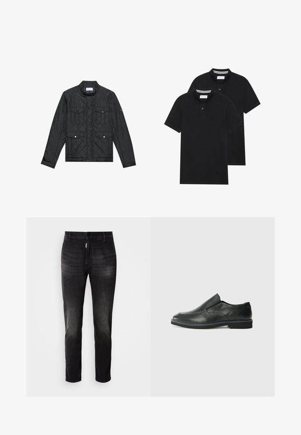 Black quilted jacket featuring a stand collar, two front pockets with snap buttons, and quilted texture, made from lightweight fabric.; Two black polo shirts, short-sleeved, cotton material, featuring a classic collar, two-button placket, and white striped accents inside the collar.; Black denim jeans with a straight cut, featuring a button fly, five pockets, and subtle fading in the fabric texture.; Black leather slip-on shoe with a smooth upper, stitched accents, rounded toe, and a low rubber heel. Sole features minimal tread.