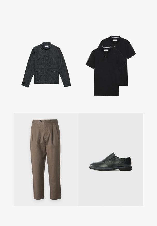 Černá prošívaná bunda s límcem, dvěma předními kapsami se zacvakávacími knoflíky a prošívanou strukturou, vyrobená z lehkého materiálu.; Dvě černé polokošile s krátkým rukávem z bavlny, s klasickým límcem, dvouknoflíkovou légou a bílými pruhovanými akcenty uvnitř límce.; Hnědé kalhoty na míru s plochým předním dílem, dvěma bočními kapsami a zapínáním na knoflík. Hladká, lehká tkanina s rovnými nohavicemi.; Černá kožená nazouvací bota s hladkým svrškem, prošívanými detaily, zaoblenou špičkou a nízkým gumovým podpatkem. Podešev má minimální vzorek.