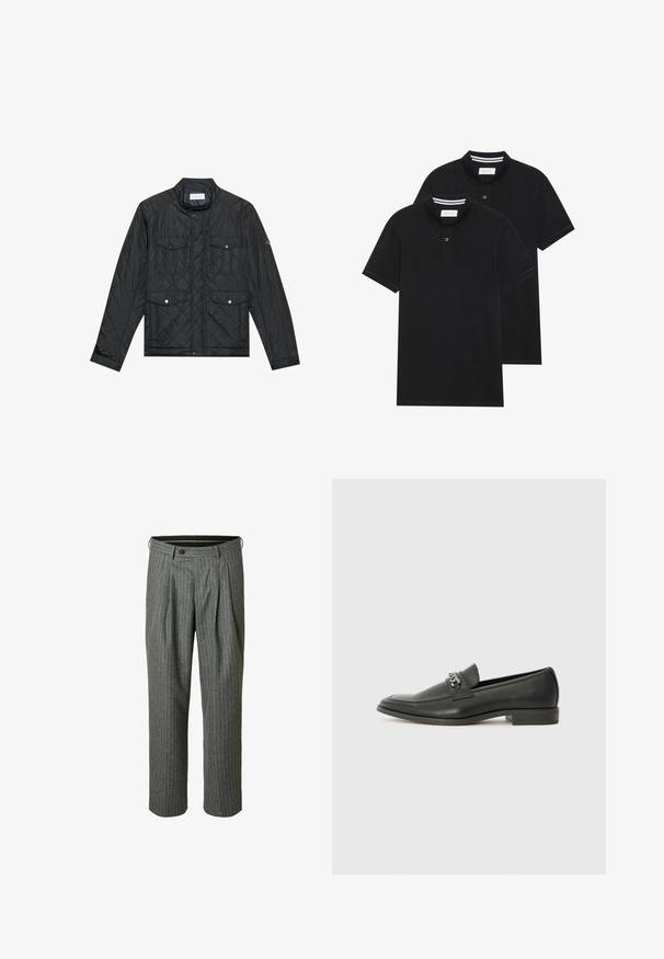 Melna quiltota jaka ar stāvo apkakli, divām priekšējām kabatām ar spiedpogu aizdari un quiltu tekstūru, izgatavota no viegla auduma.; Divas melnas polo krekli, īsām piedurknēm, no kokvilnas materiāla, ar klasisku apkakli, divu pogu aizdari un balti svītroti akcenti apkakles iekšpusē.; Pelēkas svītrainās bikses ar krokām priekšā, ar pogas aizdari un strukturētu piegriezumu, izgatavotas no teksturēta auduma.; Melna ādas loafer izmēra apavi ar gludu virsmu, piedāvā ar šūtu dizainu un dekoratīvu metāla ķēdes akcentu pār vampu. Plakana papēža daļa.