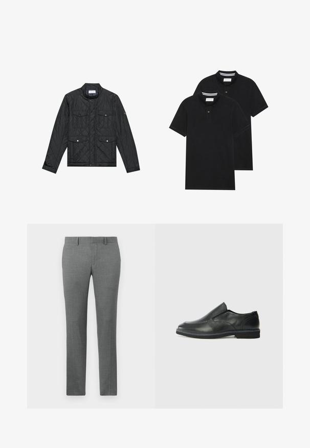 Jachetă neagră matlasată cu guler înălțat, două buzunare frontale cu nasturi și textură matlasată, realizată dintr-un material ușor.; Două tricouri polo negre, cu mânecă scurtă, din material de bumbac, având un guler clasic, deschidere cu două butoane și accente albe cu dungi în interiorul gulerului.; Pantaloni gri, croiți cu o textură netedă, design drept, cu bucle pentru curea și un model subtil de herringbone în întreaga țesătură.; Pantof de piele neagră, tip slip-on, cu un superior neted, accente cusute, vârf rotunjit și un toc jos din cauciuc. Talpa are un profil minim de aderență.