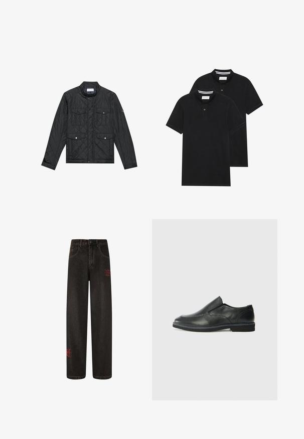 Chaqueta negra acolchada con cuello alzado, dos bolsillos frontales con botones a presión y textura acolchada, fabricada en un tejido ligero.; Dos camisetas polo negras, de manga corta, de material de algodón, que presentan un cuello clásico, una tapeta de dos botones y acentos de rayas blancas en el interior del cuello.; Vaqueros de mezclilla negra de pierna ancha con costuras visibles y texto bordado en rojo. Cuenta con un cierre clásico de botón y presillas para el cinturón.; Zapato negro de cuero sin cordones con un upper suave, detalles de costura, punta redonda y un bajo tacón de goma. La suela presenta una tracción mínima.