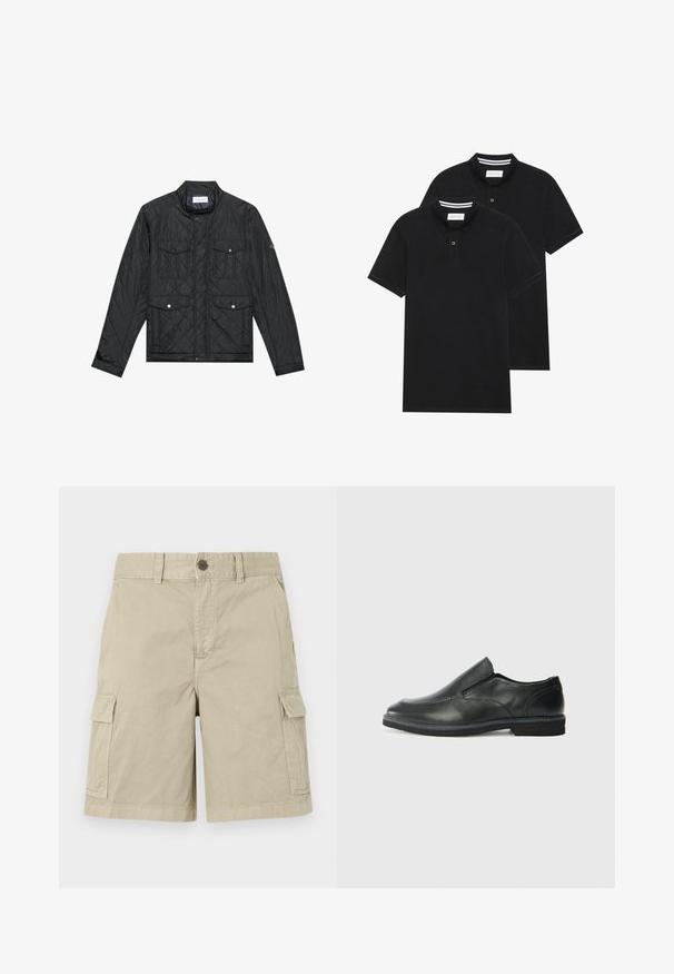 Melna quiltota jaka ar stāvo apkakli, divām priekšējām kabatām ar spiedpogu aizdari un quiltu tekstūru, izgatavota no viegla auduma.; Divas melnas polo krekli, īsām piedurknēm, no kokvilnas materiāla, ar klasisku apkakli, divu pogu aizdari un balti svītroti akcenti apkakles iekšpusē.; Beži kravas šorti, izgatavoti no kokvilnas, ar sānu kabatām, pogu aizdari un taisnās griezuma dizainu ar ikdienišķu beigu.; Melnas ādas slip-on kurpes ar gludu augšdaļu, izšūtām akcentiem, noapaļotu purngala daļu un zemu gumijas papēdi. Zole ar minimālu rakstu.